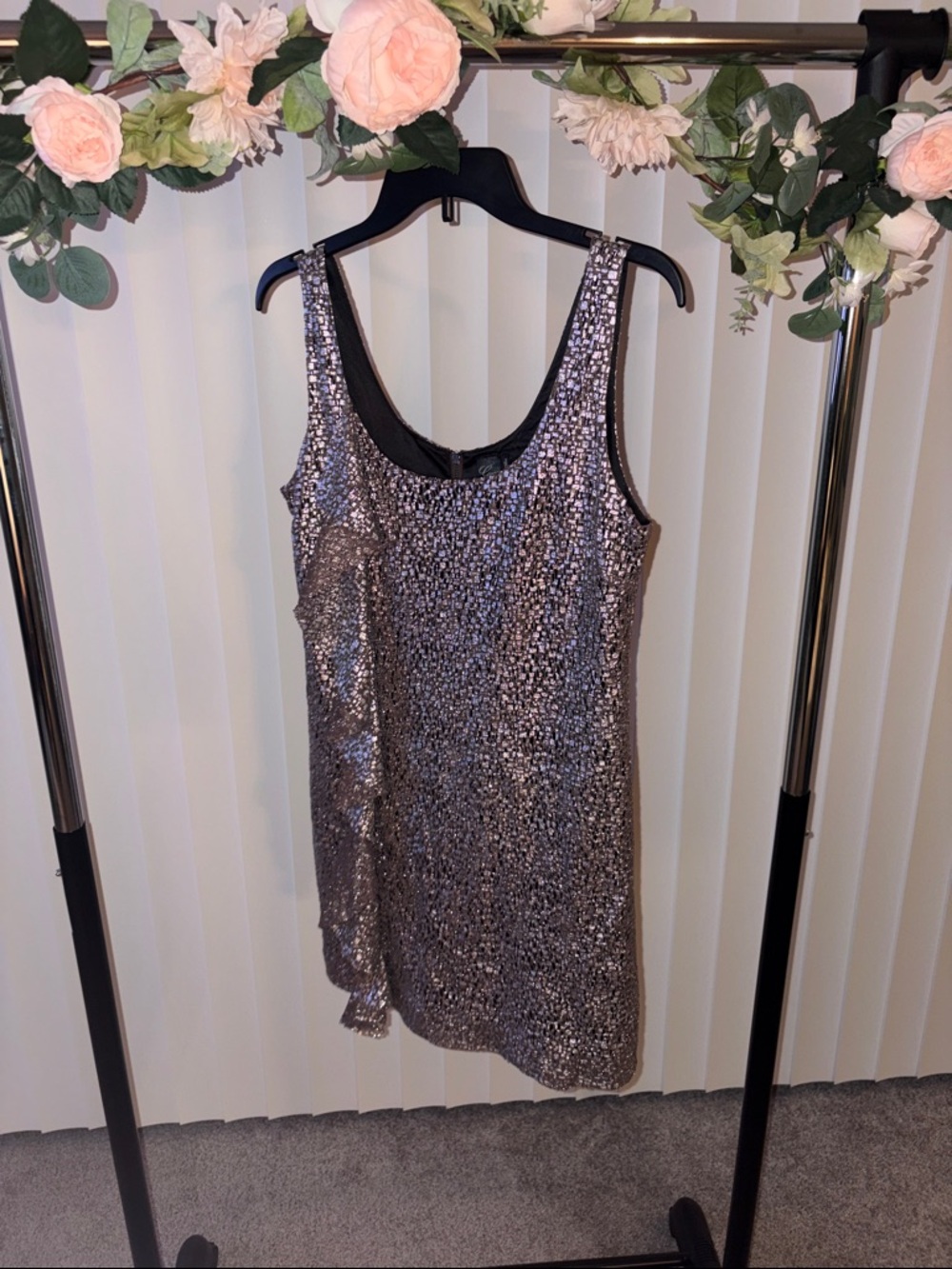Y2K Guess Metallic Mini Dress Silver Party Club Night Out 2000s Glam with Ruffle